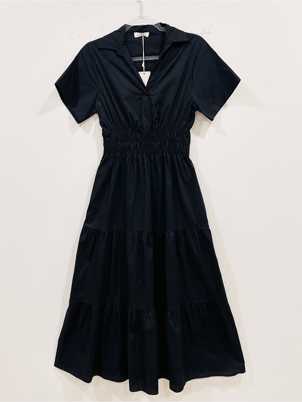Bellambra Italy Black Tiered Collared Maxi Shirt Dress Smocked Waist Size S NWT
